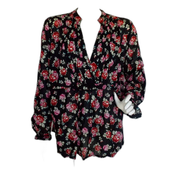 Torrid Top/Tunic, 3/3X, Black/Red Floral Print, Tab Long Sleeves, Stretch back - Picture 1 of 14